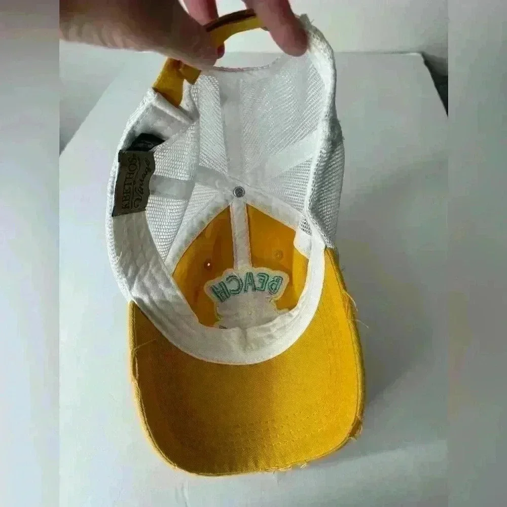 Distressed “Beach Please” Yellow and White hat with Velcro back.